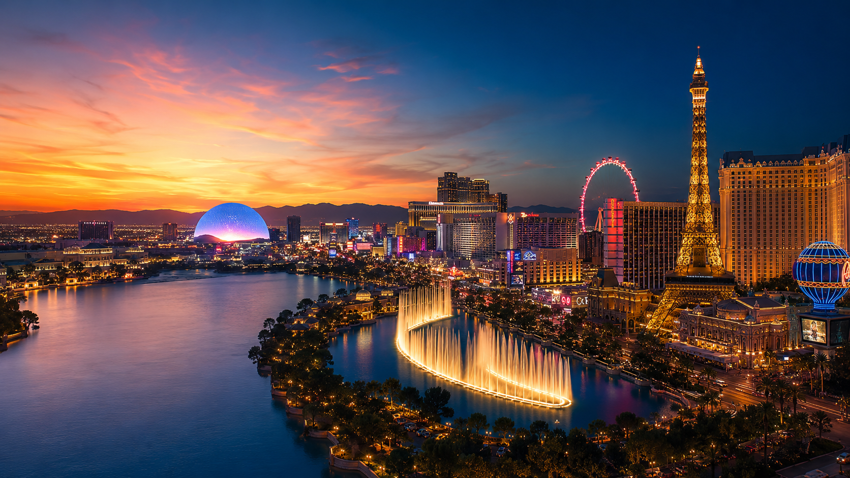 Las Vegas Strip attractions and city lights at night